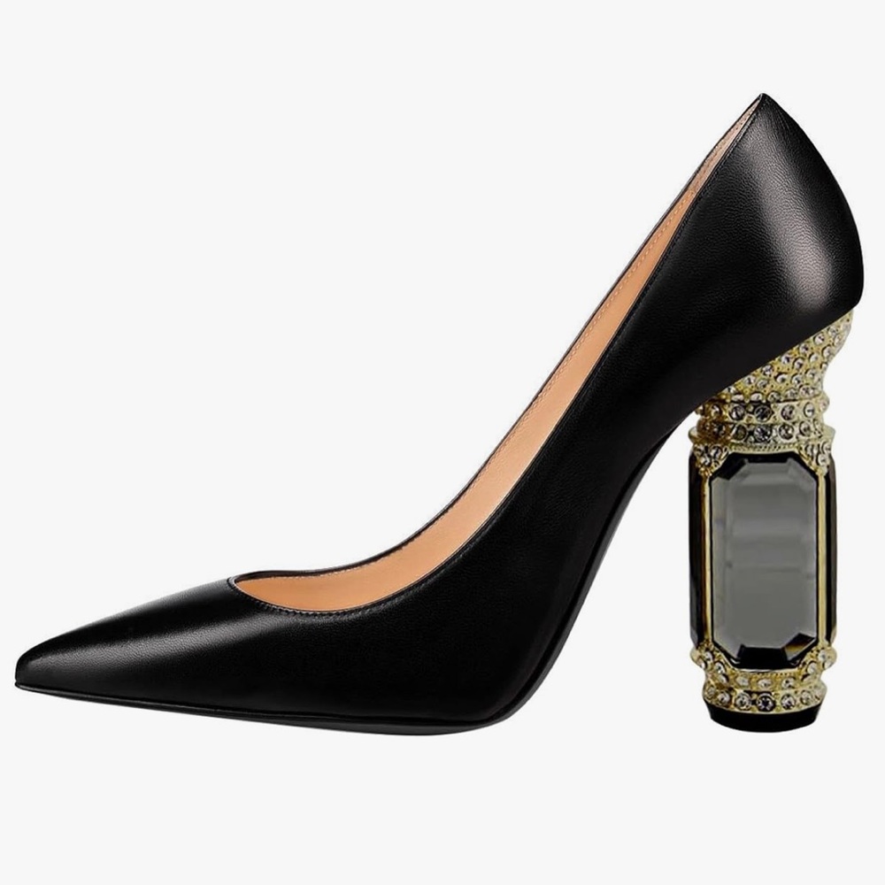 FSJ Women Crystal Chunky High Heel Pumps Closed Pointed Toe